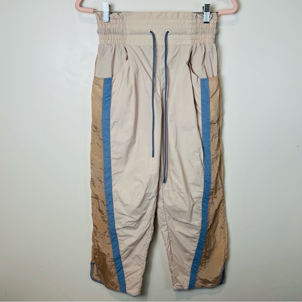 FREE PEOPLE Wide Leg Drawstring Pants in Light Beige with Blue Trim - Picture 3 of 9